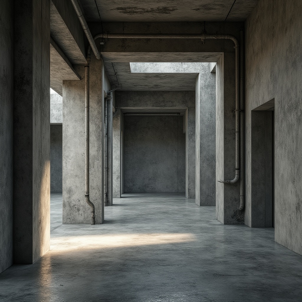 Prompt: Rustic concrete structures, brutalist architecture, raw material textures, industrial metal beams, exposed ductwork, minimalist decor, functional aesthetics, monochromatic color scheme, bold geometric forms, cantilevered volumes, dramatic natural lighting, high-contrast shadows, 1/1 composition, symmetrical framing, cinematic atmosphere, realistic renderings, ambient occlusion.