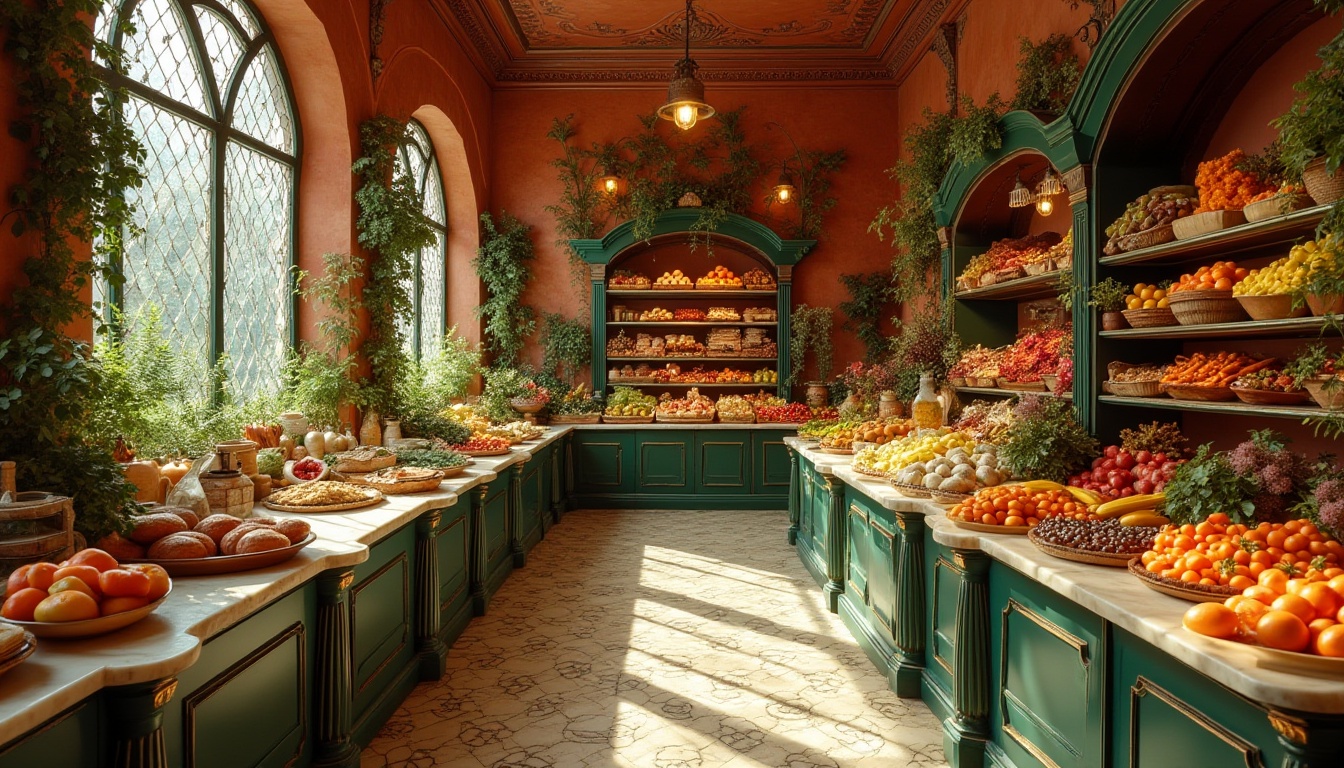 Prompt: Richly ornate grocery store, Art Nouveau style, warm golden lighting, earthy tones, terracotta red walls, moss green accents, creamy white marble countertops, bronze metal fixtures, intricately patterned ceramic tiles, lush greenery, vibrant floral arrangements, ornate wooden shelves, decorative ironwork, stained glass windows, soft warm ambiance, shallow depth of field, 1/1 composition, realistic textures, ambient occlusion.Please let me know if this meets your requirements or if you need any further adjustments!