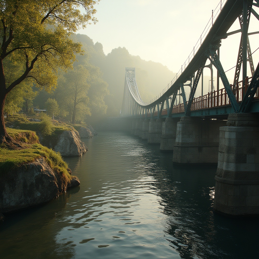 Prompt: Elegant suspension bridge, arched steel beams, sturdy stone piers, rustic wooden railings, meandering riverbank, lush green vegetation, serene water reflections, misty morning atmosphere, warm golden lighting, shallow depth of field, 1/2 composition, symmetrical balance, ornate metal detailing, classic academic style, intricate stonework, weathered concrete surfaces, atmospheric perspective, cinematic view.