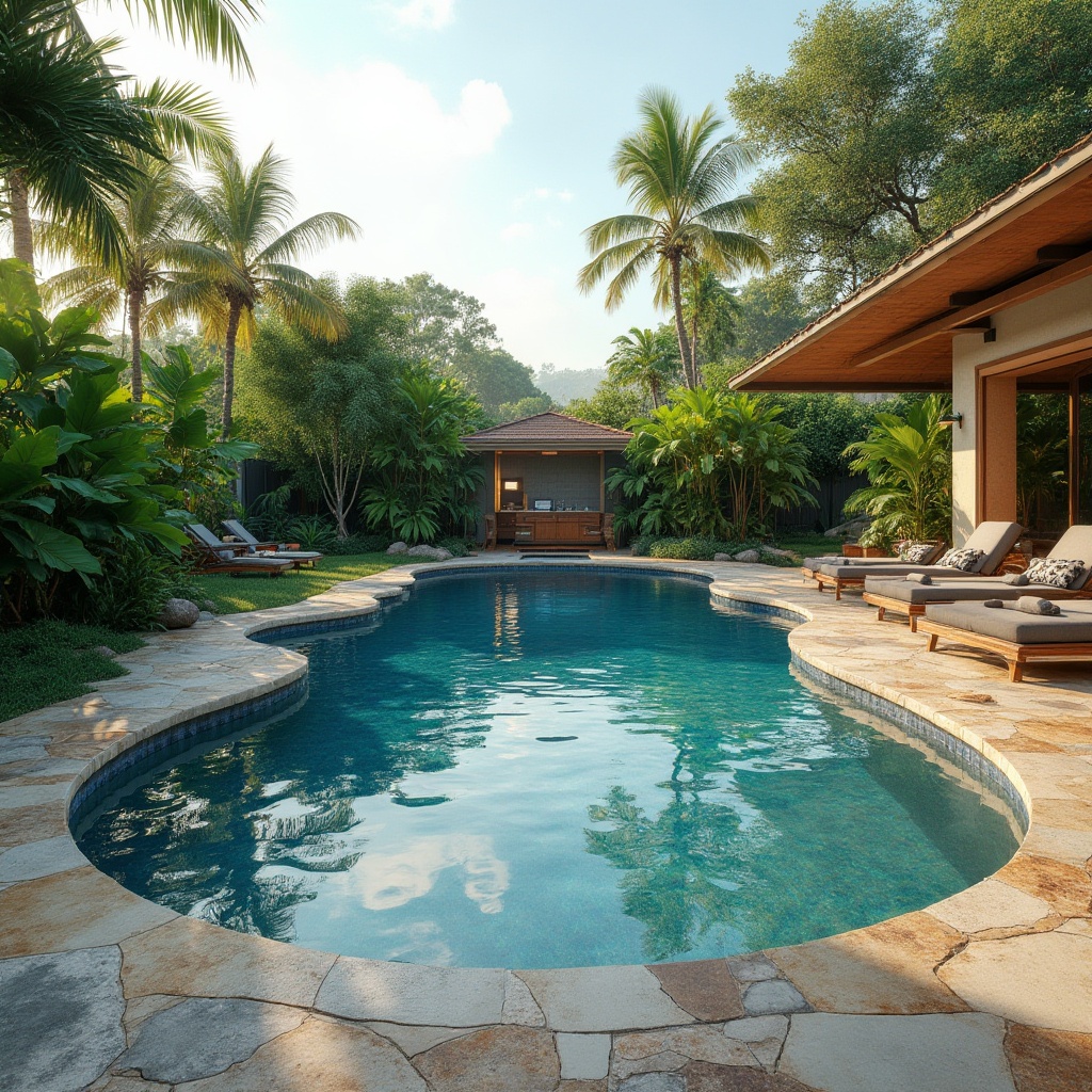 Prompt: Natural stone pool decking, recycled glass tiles, sustainable concrete pools, saltwater systems, energy-efficient pumps, solar-powered heating, eco-friendly waterproof coatings, lush greenery surroundings, tropical plants, sunny day, warm soft lighting, shallow depth of field, 3/4 composition, panoramic view, realistic textures, ambient occlusion.