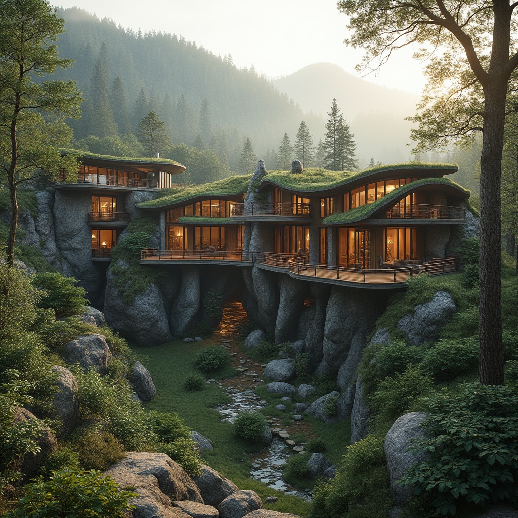 Prompt: Harmonious mountain lodge, rugged stone walls, earthy tones, lush green roofs, cantilevered decks, floor-to-ceiling windows, natural light pouring in, seamless indoor-outdoor transition, rustic wooden accents, organic shapes, curvaceous lines, blending with surroundings, native plant species, winding hiking trails, serene forest atmosphere, misty morning fog, warm golden lighting, shallow depth of field, 2/3 composition, symmetrical balance, realistic textures, ambient occlusion.