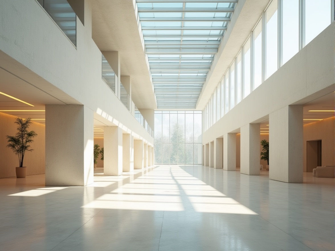 Prompt: Spacious open-plan interior, high ceilings, clerestory windows, skylights, transparent glass roofs, minimalist decor, reflective surfaces, polished concrete floors, light-colored walls, airy atmosphere, abundant natural light, warm sunny day, soft diffused lighting, 1/1 composition, shallow depth of field, realistic textures, ambient occlusion.