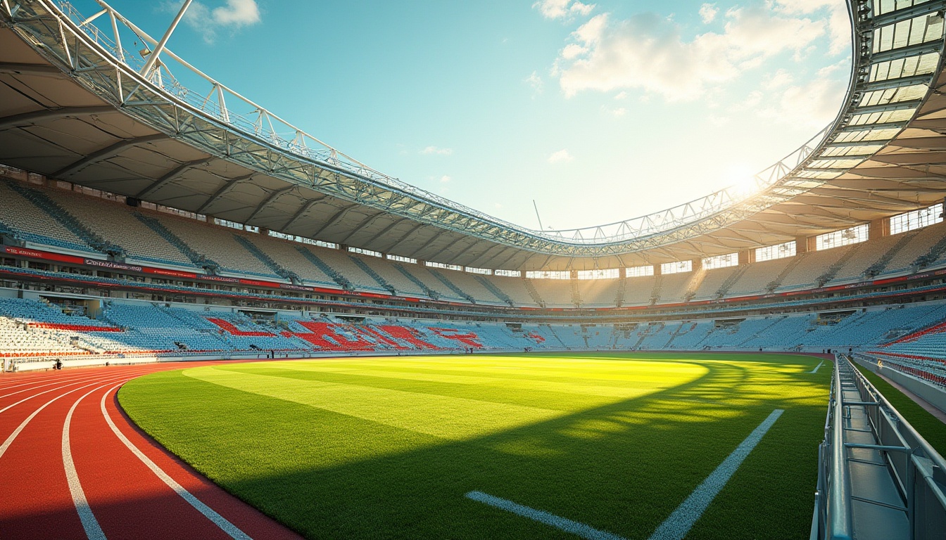 Prompt: Vibrant sports stadium, dynamic color scheme, bold stripes, bright accents, lush green grass, athletic tracks, modern bleachers, sleek metal railings, transparent canopies, natural stone walls, geometric patterns, abstract shapes, contrasting hues, harmonious palette, warm sunny day, soft diffused lighting, shallow depth of field, 3/4 composition, panoramic view, realistic textures, ambient occlusion.