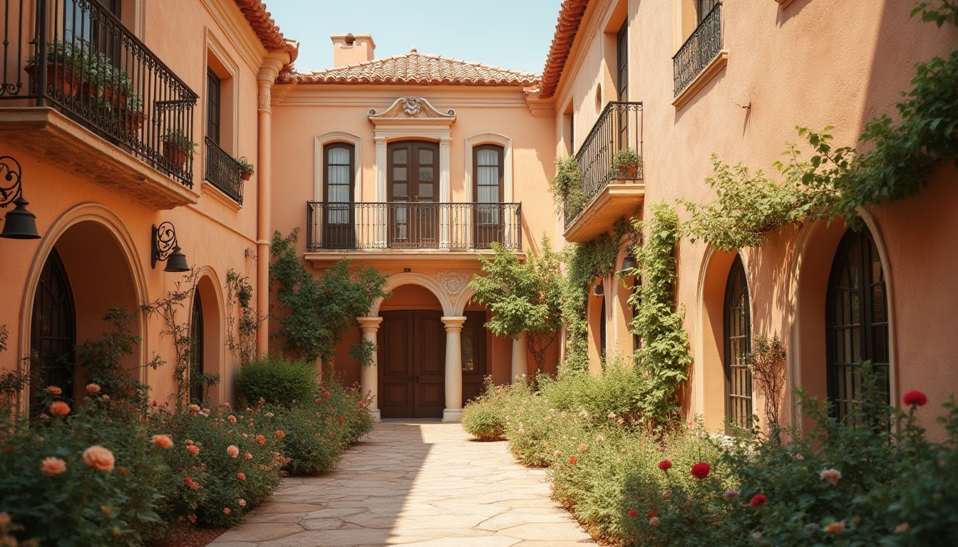 Prompt: Warm peach tone buildings, soft natural stone facades, rounded arches, ornate metalwork, whimsical courtyard gardens, lush greenery, blooming flowers, warm sunny day, gentle warm lighting, shallow depth of field, 1/2 composition, intimate portrait view, realistic textures, ambient occlusion, soft focus effect.