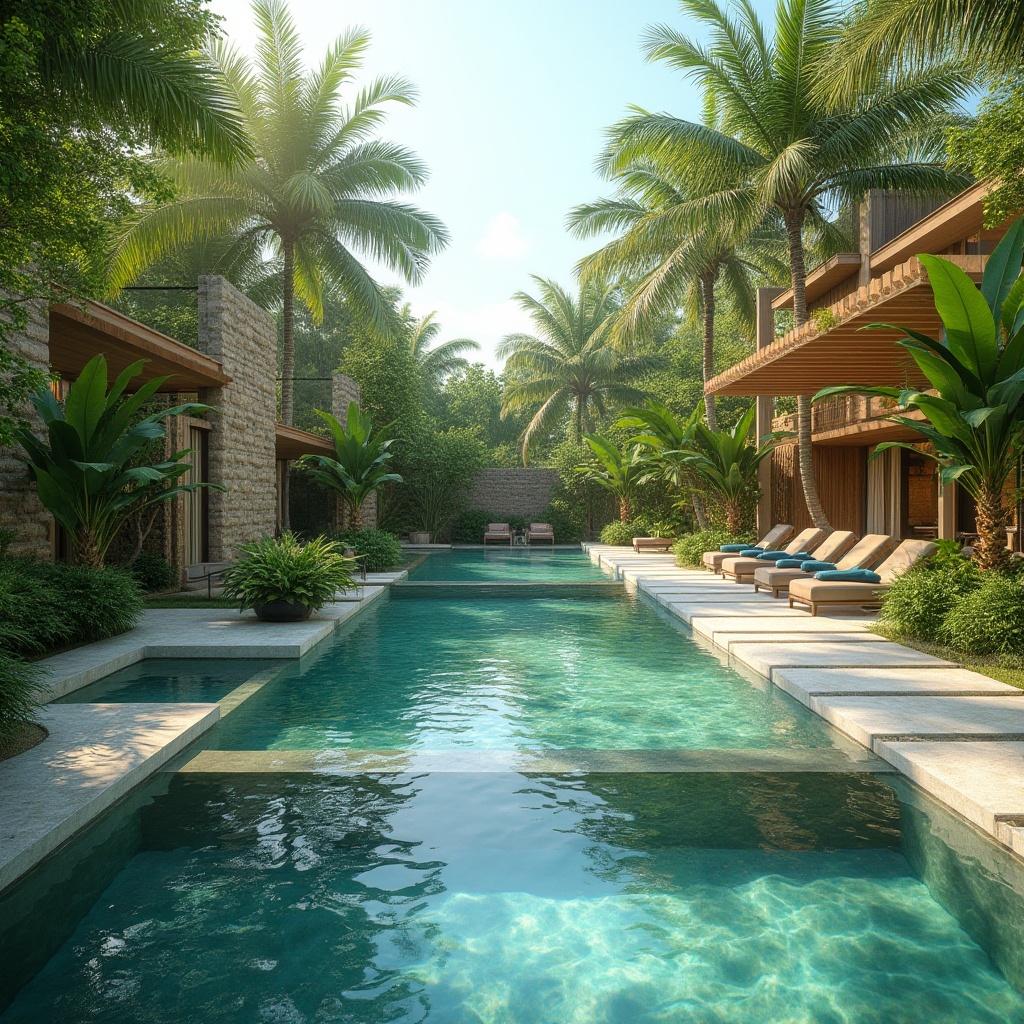 Prompt: Lush tropical landscape, serene water features, natural stone walls, modern pool design, sustainable architecture, solar-powered pumps, wind-driven ventilation, evaporative cooling systems, shaded outdoor spaces, misting systems, water-conserving equipment, eco-friendly materials, organic textures, vibrant turquoise waters, sunny day, soft warm lighting, shallow depth of field, 3/4 composition, panoramic view, realistic reflections.