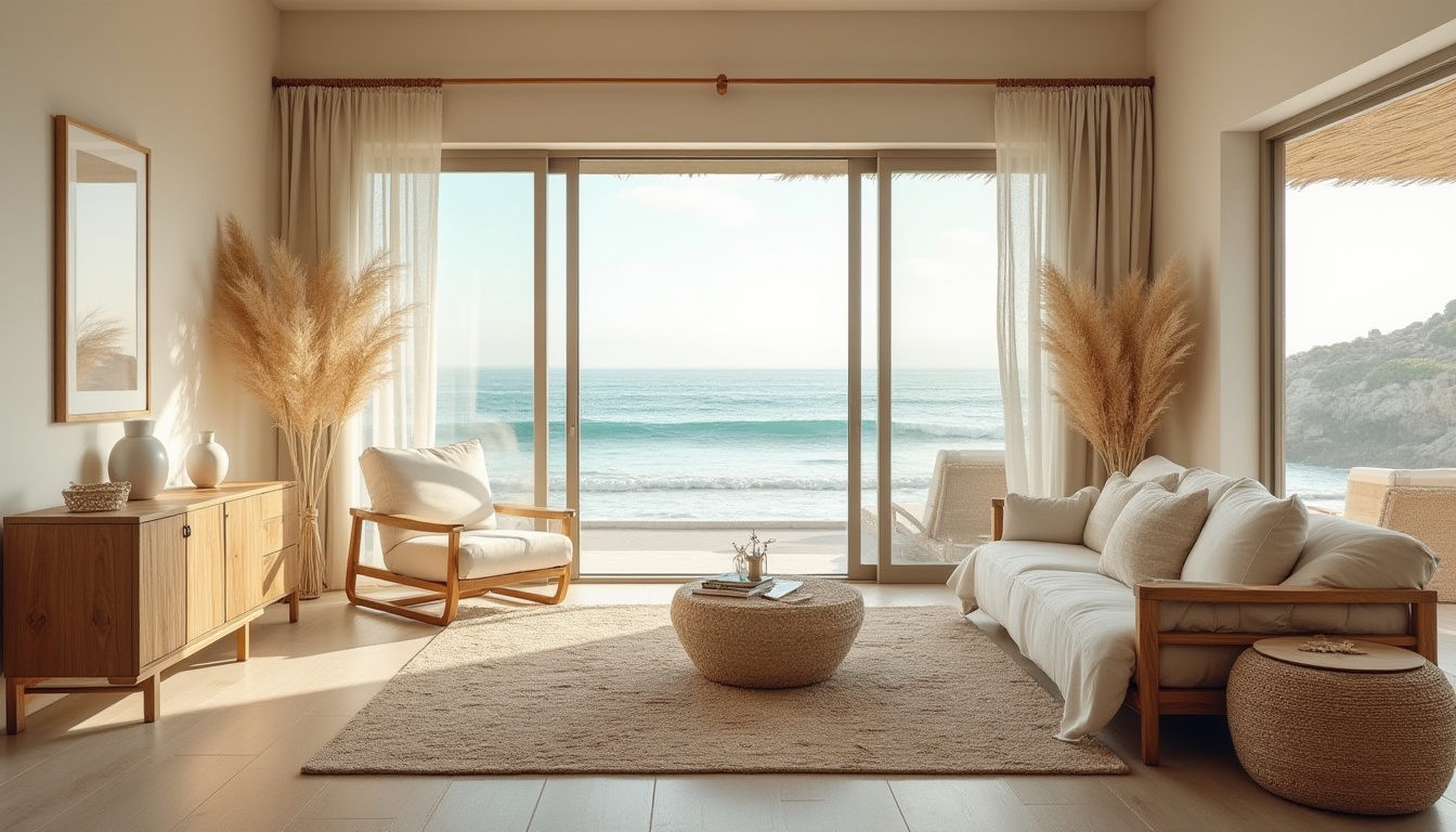 Prompt: Soothing coastal home interior, calming ocean views, soft sandy beige walls, driftwood furniture, natural linen upholstery, woven sea grass baskets, coral-inspired decorative accents, shell-patterned rugs, serene ambient lighting, floor-to-ceiling windows, sliding glass doors, beachy minimalism, organic textures, warm creamy colors, relaxed 3/4 composition, panoramic ocean views, realistic wave sounds, soft focus, shallow depth of field.