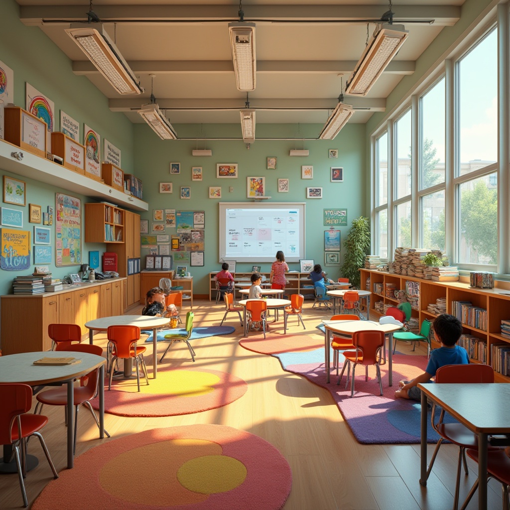 Prompt: Vibrant school interior, collaborative learning areas, flexible seating arrangements, educational murals, interactive whiteboards, modular furniture, natural light pouring in, warm wooden accents, cozy reading nooks, open shelving units, colorful rugs, diverse student artwork displays, inspirational quotes, acoustic paneling, soft background music, relaxed atmosphere, 1/2 composition, shallow depth of field, realistic textures, ambient occlusion.