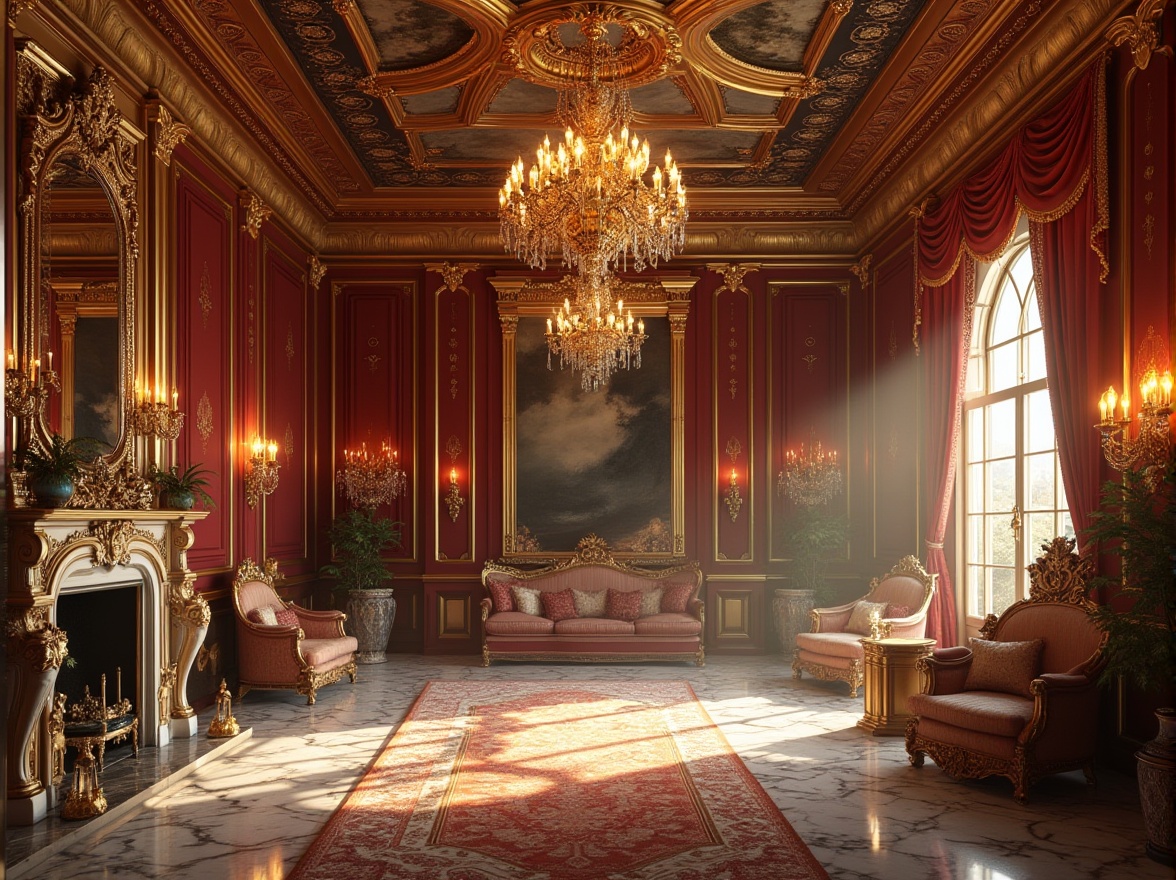 Prompt: Opulent mansion interior, grandiose chandeliers, ornate gold leaf accents, lavish furnishings, velvet drapes, intricate wood carvings, marble floors, crystal vases, luxurious fabrics, rich jewel tones, dramatic lighting, sweeping staircases, grand entrances, high ceilings, ornamental mirrors, gilded frames, Renaissance-inspired artwork, sumptuous textures, warm golden illumination, shallow depth of field, 1/1 composition, detailed renders, realistic reflections.