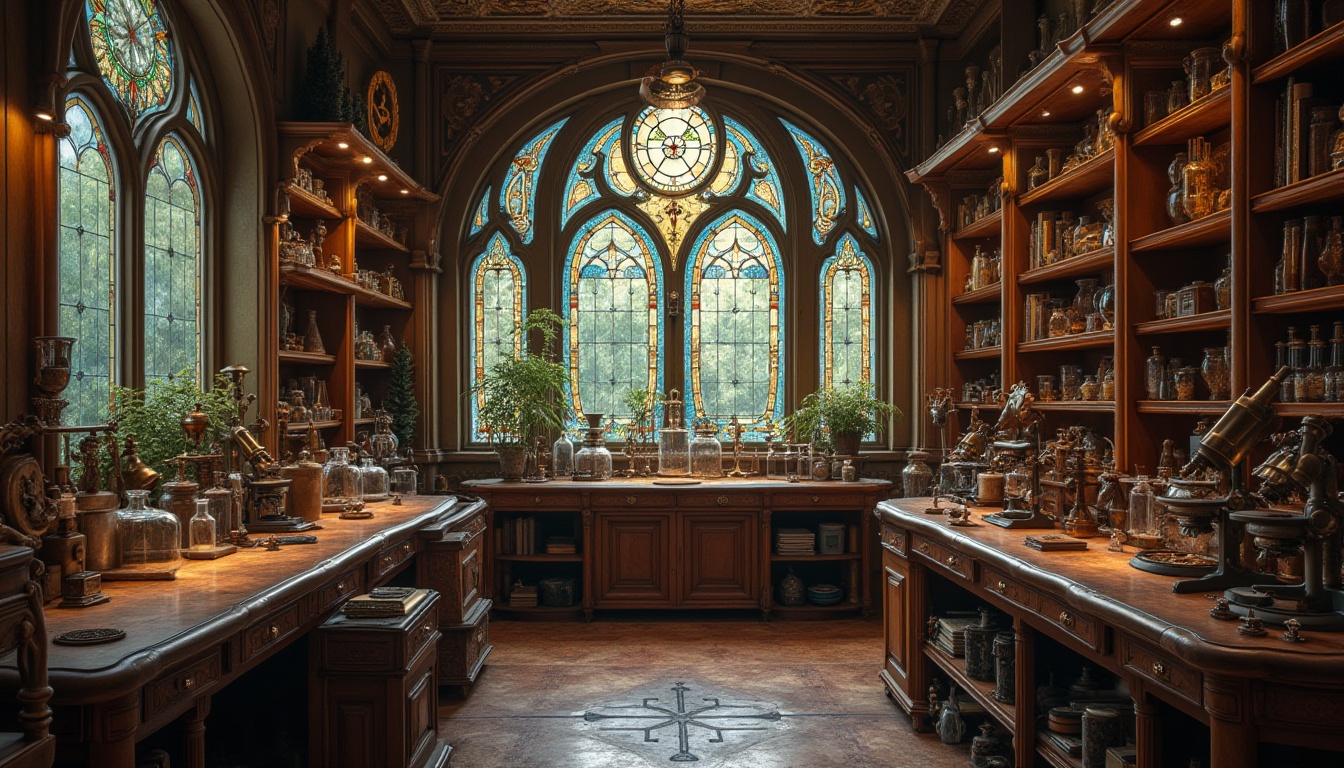 Prompt: Intricate laboratory, ornate Art Nouveau details, curved lines, flowing organic forms, stained glass windows, wooden cabinetry, antique scientific instruments, vintage microscopes, beakers, test tubes, elegant metalwork, ornamental fixtures, soft warm lighting, subtle shadows, 1/2 composition, close-up shot, realistic textures, ambient occlusion.