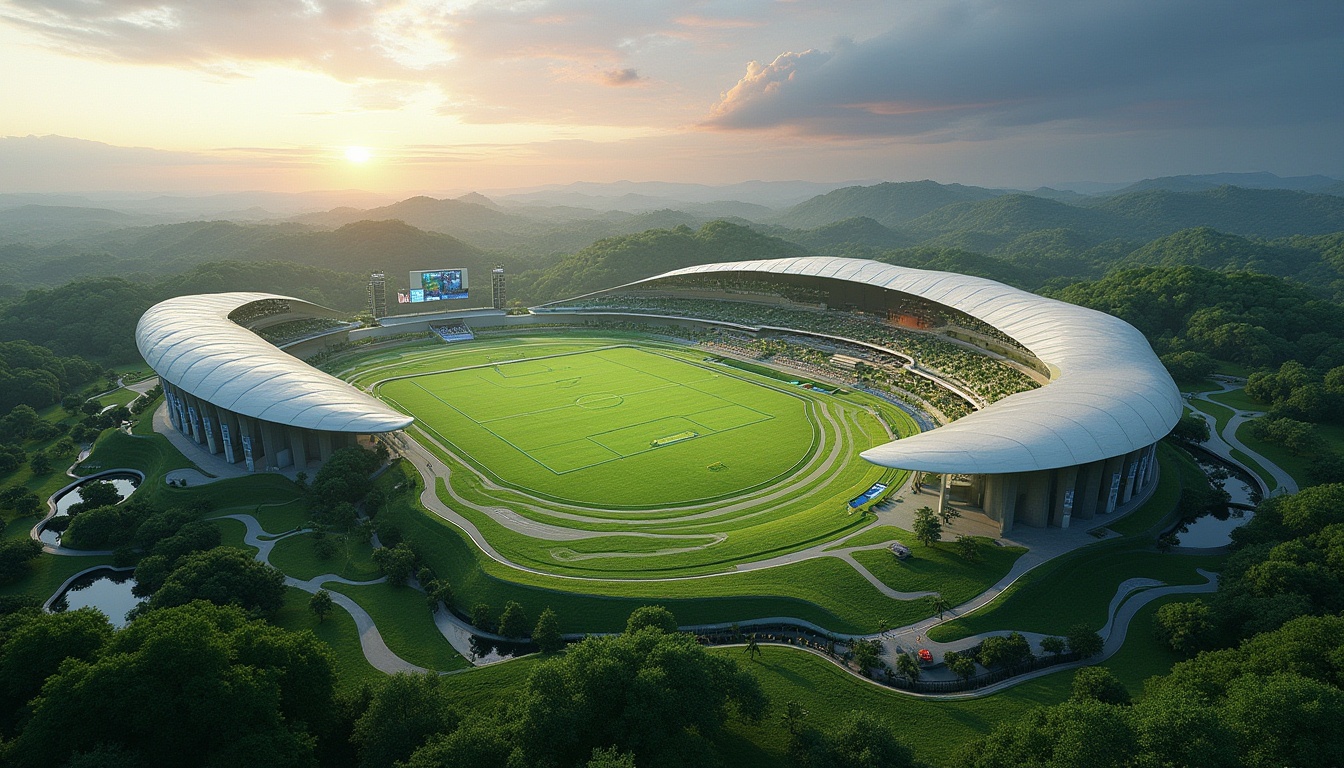 Prompt: Organic sports stadium, sweeping curves, dynamic shapes, vibrant green turf, undulating landscape, winding jogging tracks, irregularly-shaped ponds, futuristic architecture, cantilevered roofs, translucent canopies, gleaming metal accents, LED scoreboard displays, atmospheric evening lighting, dramatic shadows, 1/2 composition, ultra-wide-angle lens, high-contrast rendering, realistic grass textures.