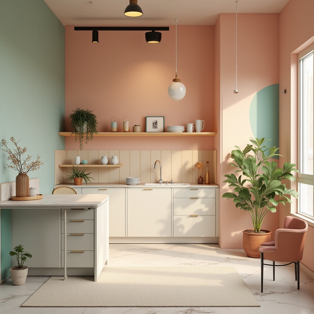 Prompt: Vibrant modern design studio, pastel color scheme, soft peach tones, creamy whites, rich charcoal grays, bold turquoise accents, natural wood textures, sleek metal frames, minimalist decor, plenty of negative space, warm atmospheric lighting, shallow depth of field, 1/1 composition, realistic reflections, ambient occlusion.