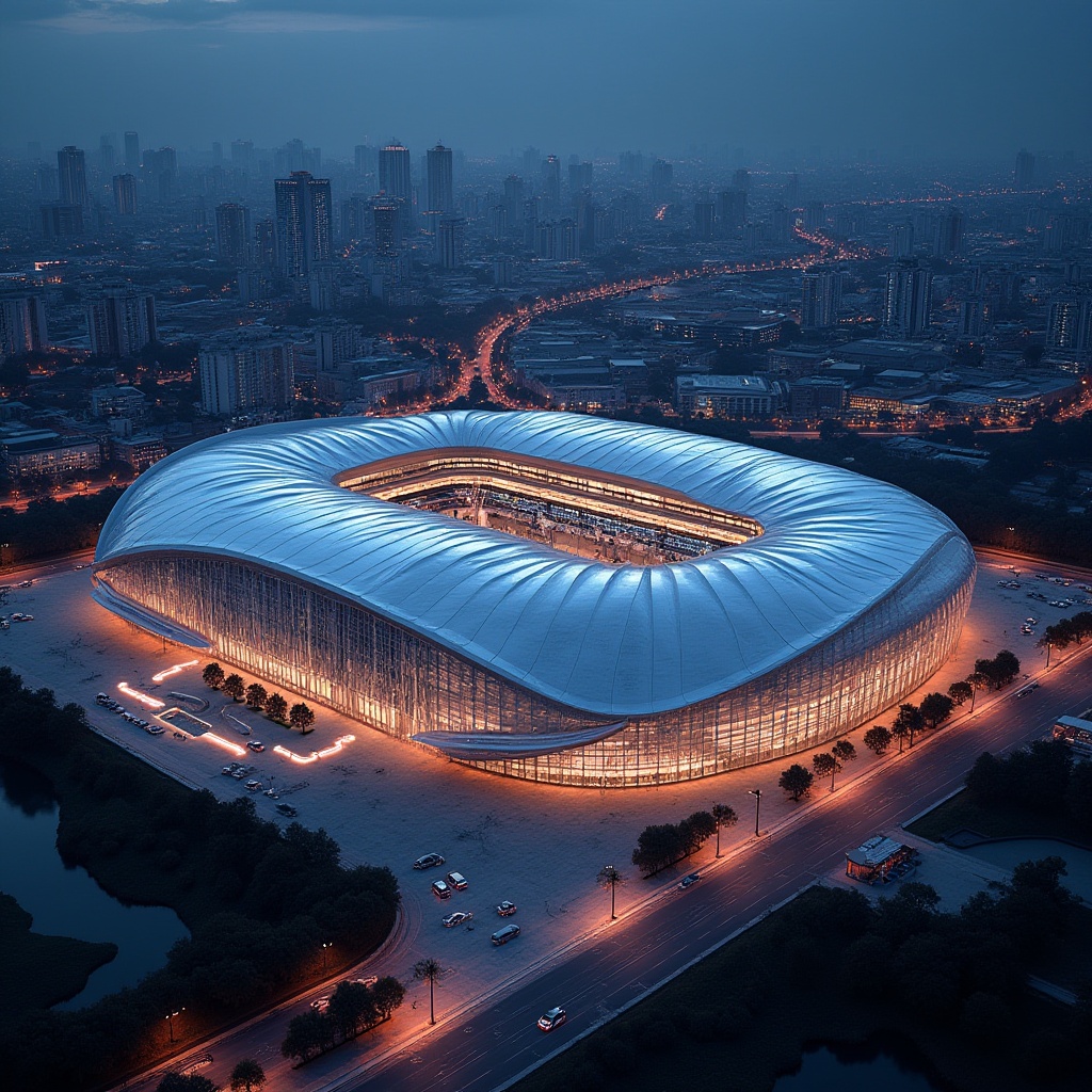 Prompt: Sleek stadium facade, international style architecture, curved lines, dynamic shapes, LED lighting systems, transparent glass walls, cantilevered roofs, grand entrance gates, modern materials, metallic accents, bold color schemes, geometric patterns, abstract designs, urban landscape, bustling city atmosphere, dramatic nighttime views, high-angle shots, 1/1 composition, shallow depth of field, realistic reflections.