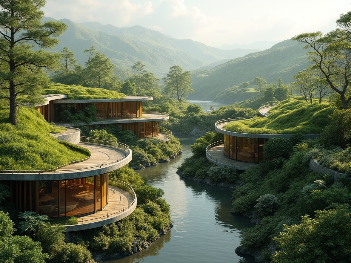 Prompt: Serene natural landscape, rolling hills, lush greenery, meandering water features, organic architecture, curved lines, earthy tones, sustainable materials, living roofs, verdant walls, large windows, glass fa\u00e7ades, clerestory lighting, open floor plans, minimalistic design, seamless transitions, native flora, fauna habitats, scenic overlooks, panoramic views, warm soft lighting, shallow depth of field, 1/2 composition, realistic textures, ambient occlusion.