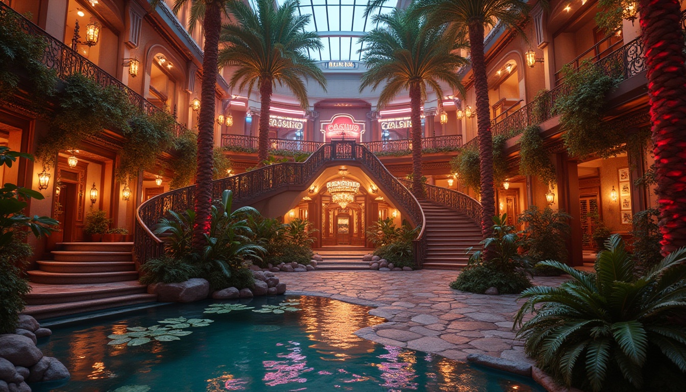 Prompt: Vibrant casino entrance, neon lights, lush tropical gardens, exotic palm trees, meandering water features, tranquil koi ponds, rustic stone walkways, ornate ironwork, grand staircase, opulent chandeliers, lavish furnishings, luxurious textures, warm golden lighting, shallow depth of field, 1/2 composition, cinematic view, realistic reflections, ambient occlusion.