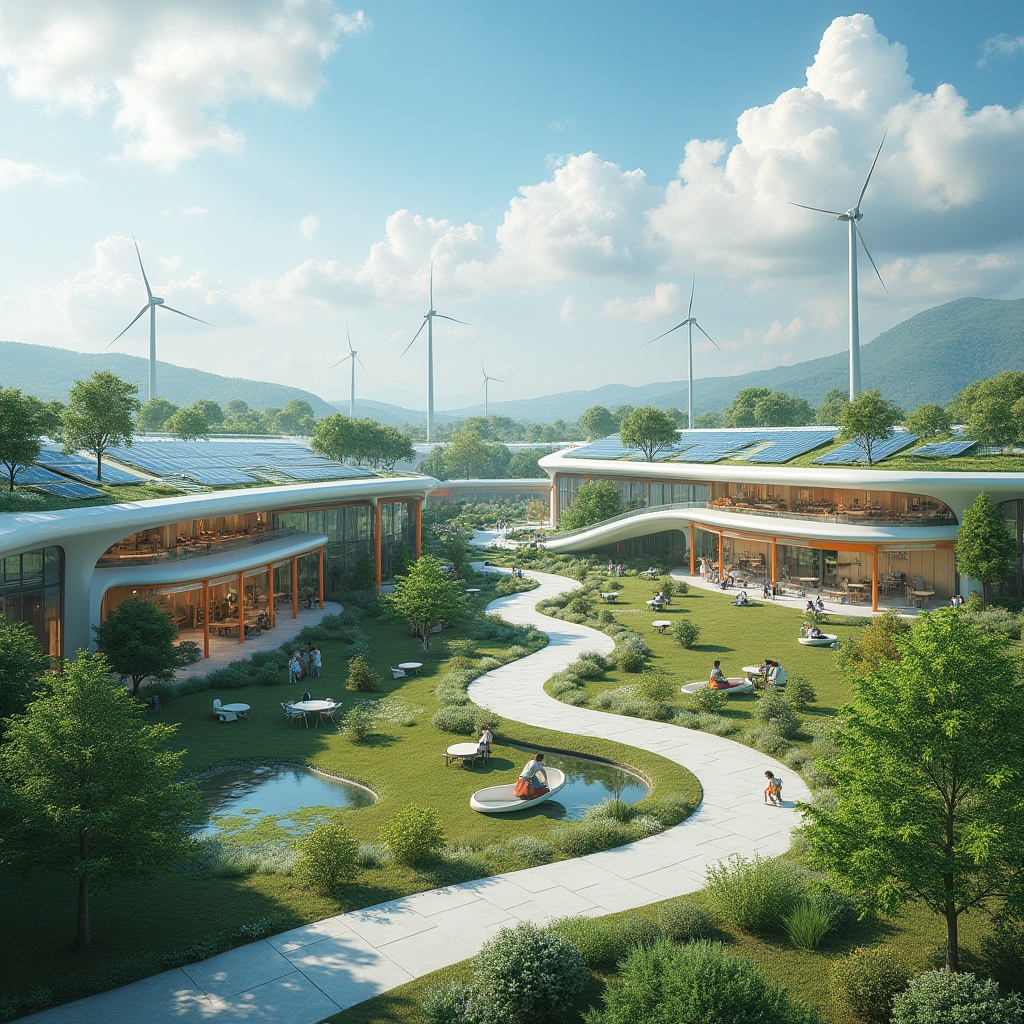 Prompt: Eco-friendly school campus, futuristic architecture, curved lines, green roofs, solar panels, wind turbines, rainwater harvesting systems, recycled materials, minimal waste design, energy-efficient buildings, natural ventilation systems, abundant daylight, interactive digital displays, virtual learning environments, collaborative open spaces, modular furniture, vibrant colorful accents, dynamic lighting systems, shallow depth of field, 3/4 composition, panoramic view, realistic textures, ambient occlusion.