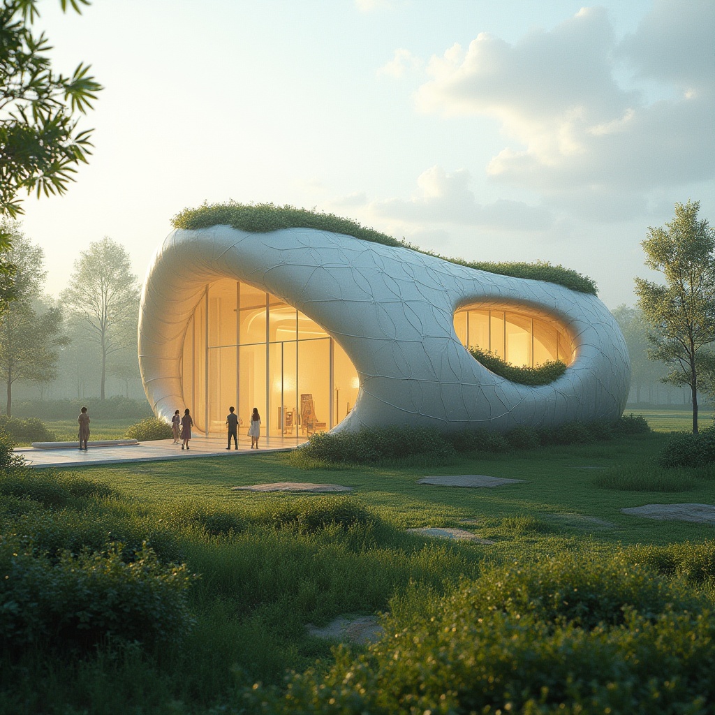 Prompt: Organic blob-shaped church, undulating curves, translucent membrane roofing, natural ventilation systems, solar power harvesting, green roofs, recycled materials, eco-friendly construction, minimalist interior design, soft warm lighting, shallow depth of field, 1/1 composition, panoramic view, realistic textures, ambient occlusion, serene atmosphere, peaceful ambiance, spiritual connection to nature.