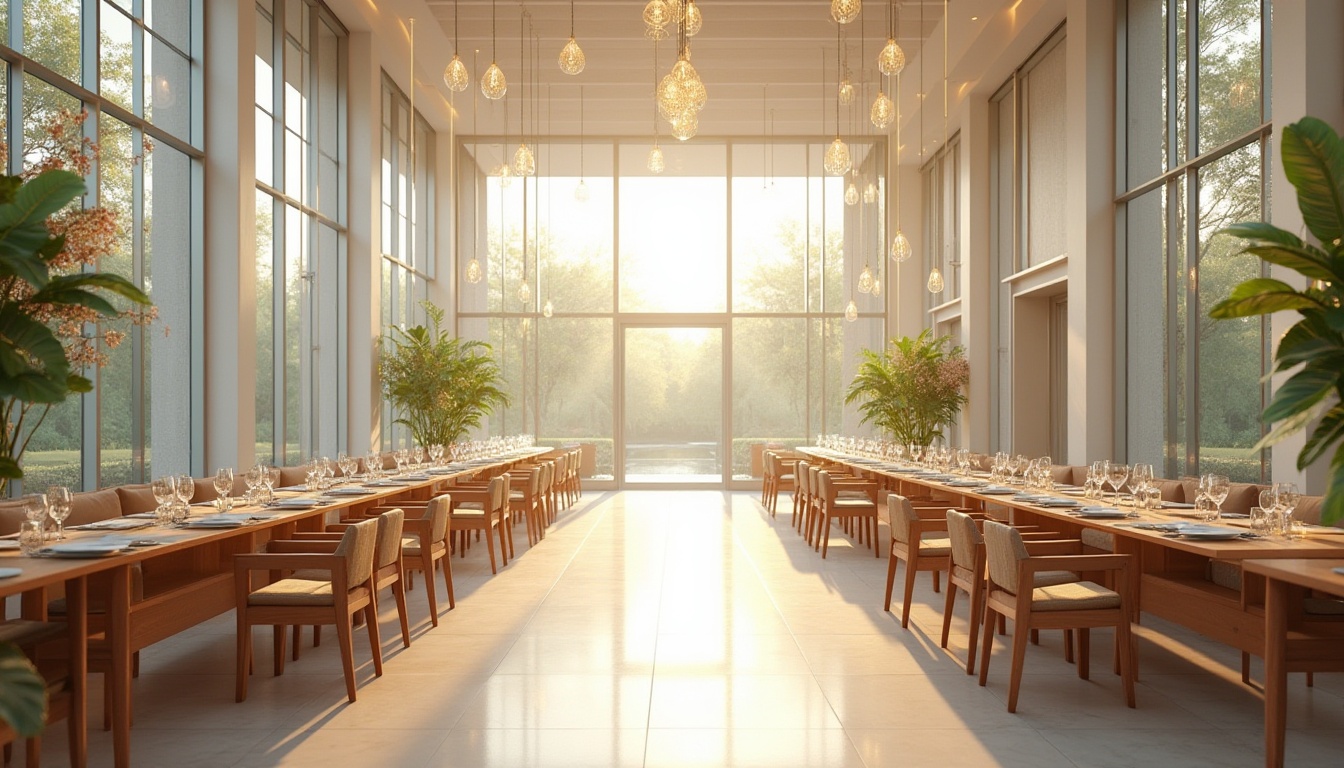 Prompt: Bright dining hall, high ceilings, large windows, transparent glass doors, minimalist decor, reflective surfaces, light-colored walls, sleek wooden floors, modern chandeliers, pendant lights, ambient lighting, soft warm glow, shallow depth of field, 3/4 composition, panoramic view, realistic textures, abundant natural light, sunny day, airy atmosphere, comfortable seating areas, elegant table settings, lush greenery, blooming flowers.