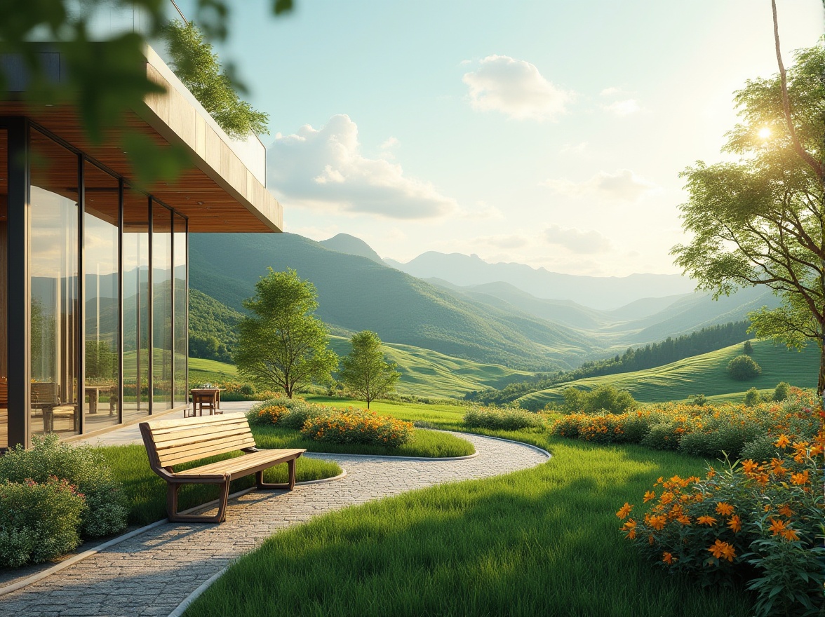 Prompt: Harmonious landscape integration, serene natural ambiance, rolling hills, lush greenery, vibrant wildflowers, meandering pathways, wooden benches, modern architecture, sleek glass buildings, minimalist design, seamless transitions, panoramic views, soft warm lighting, shallow depth of field, 3/4 composition, realistic textures, ambient occlusion.