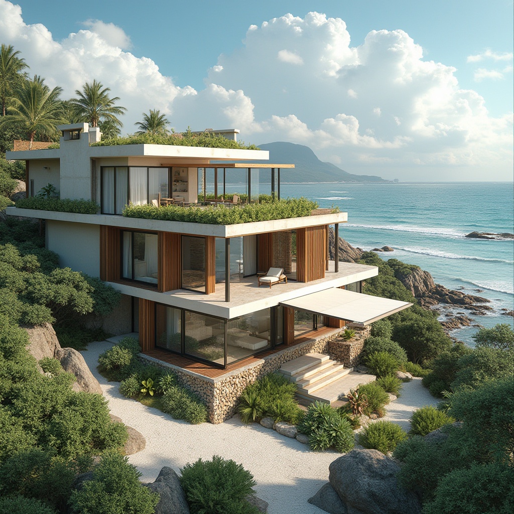 Prompt: Coastal villa, oceanfront location, sea breeze, natural ventilation, large windows, sliding glass doors, operable shutters, clerestory windows, solar shading devices, overhanging roofs, wind towers, evaporative cooling systems, green roofs, vegetated facades, permeable pavements, beach-inspired color palette, weathered wood accents, coral stone walls, tropical plants, sea views, panoramic ocean scenery, dramatic cloud formations, warm sunny day, soft natural lighting, 1/1 composition, realistic textures, ambient occlusion.