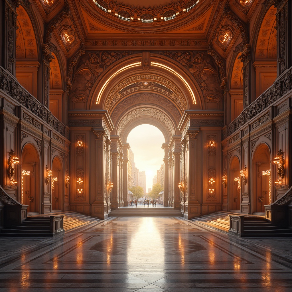 Prompt: Grand amphitheater facade, sweeping arches, majestic columns, ornate carvings, vibrant LED lighting, gleaming metal accents, polished marble floors, grand staircases, panoramic city views, bustling urban atmosphere, warm golden hour, shallow depth of field, 1/2 composition, symmetrical architecture, dramatic shadows, realistic textures, ambient occlusion.