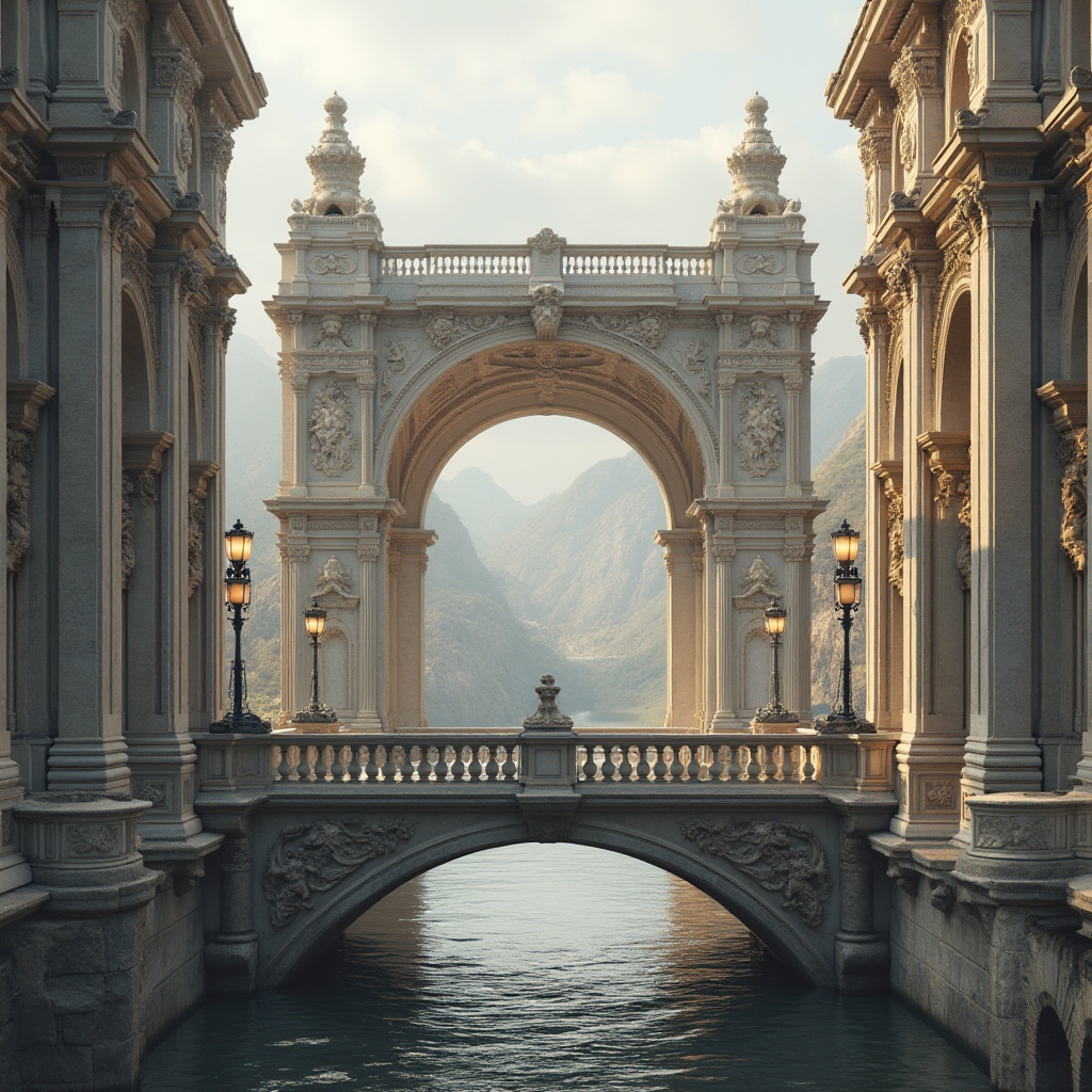 Prompt: Majestic bridge, arched structures, ornate stone carvings, rusticated columns, grand entranceways, sweeping curves, elegant proportions, neoclassical architecture, majestic river views, serene landscapes, misty mornings, soft warm lighting, shallow depth of field, 1/1 composition, symmetrical framing, realistic textures, ambient occlusion, intricate ironwork details, decorative lampposts, ornate railings.