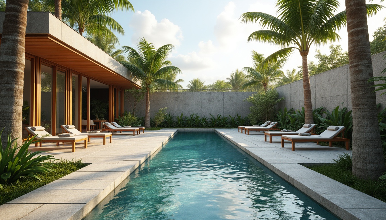 Prompt: Luxurious poolside oasis, natural stone decking, recycled glass tiles, sustainable wood accents, eco-friendly concrete, energy-efficient pumps, saltwater system, serene water features, tropical plants, palm trees, warm sunny day, soft diffused lighting, shallow depth of field, 1/2 composition, realistic reflections, ambient occlusion.