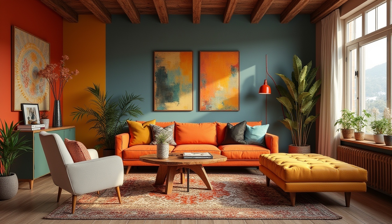 Prompt: Vibrant artistic studio, eclectic furniture, rich wood accents, bold color blocks, contrasting textures, modern art pieces, abstract patterns, warm golden lighting, soft focus, shallow depth of field, 1/1 composition, realistic renderings, ambient occlusion, natural material integration.