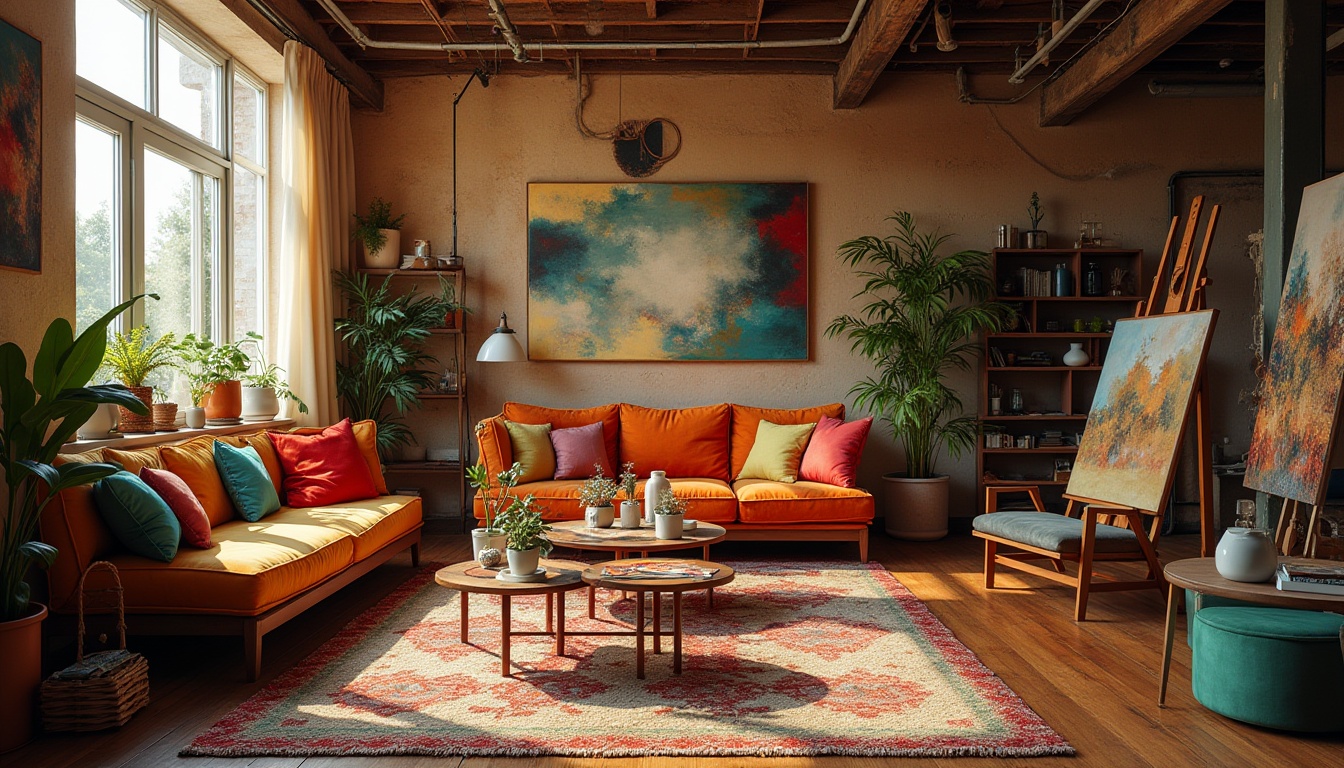 Prompt: Vibrant art studio, eclectic furniture, bohemian decor, rich textures, bold color blocking, contrasting hues, monochromatic accents, earthy tones, natural materials, wooden floors, industrial lighting, abstract artwork, expressive brushstrokes, mixed media, creative freedom, inspiring atmosphere, warm golden lighting, shallow depth of field, 1/1 composition, realistic rendering.