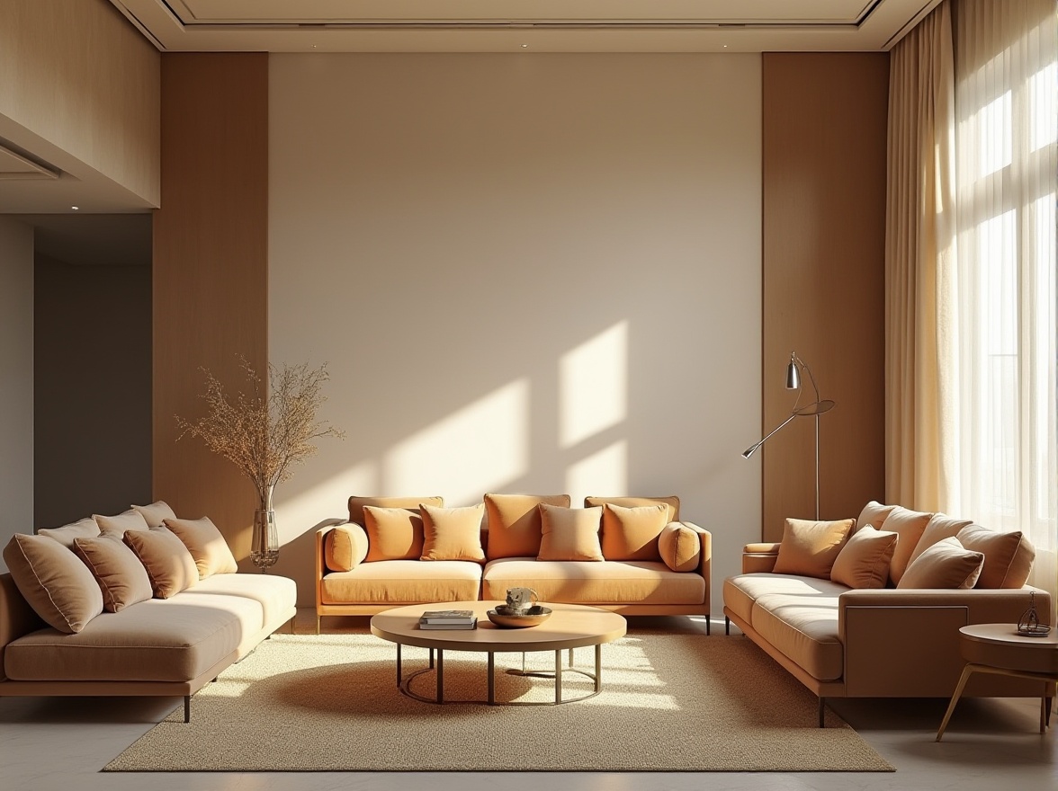 Prompt: Elegant living room, plush velvet sofas, soft woven rugs, luxurious silk drapes, natural linen upholstery, warm beige walls, modern minimalist furniture, sleek metal accents, ambient soft lighting, 1/1 composition, realistic fabric textures, subtle shading effects.