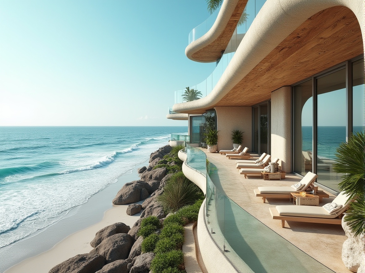 Prompt: Wave-crashing coastline, oceanfront views, salty sea air, coral-inspired patterns, undulating balconies, curved glass railings, anodized aluminum frames, weathered wood accents, nautical-themed decorations, seashell-shaped ornaments, ocean-blue hues, sandy beige textures, modern minimalist architecture, cantilevered overhangs, floor-to-ceiling windows, sliding glass doors, tropical plants, warm sunny day, soft natural lighting, 1/2 composition, shallow depth of field, realistic water effects.