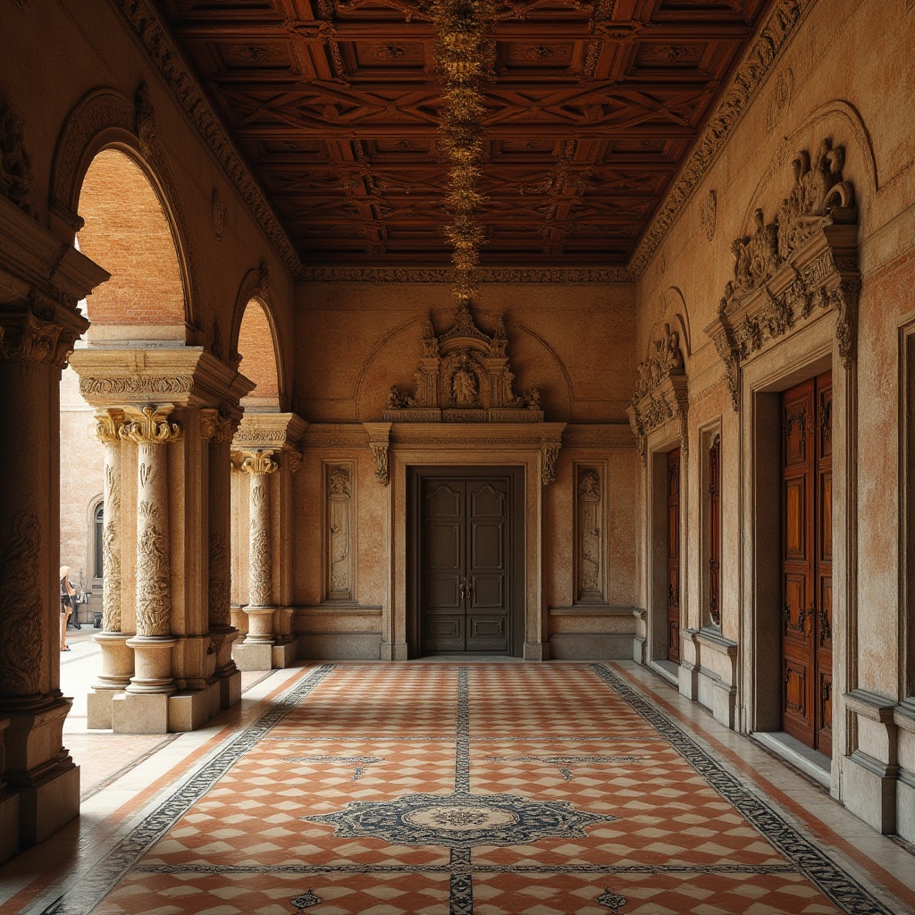 Prompt: Renaissance-style palazzo, ornate stone carvings, rustic brick facades, intricately patterned terracotta tiles, aged wooden doors, distressed metal hardware, lavish marble floors, ornamental gilded details, rich velvet drapes, elaborate fresco ceilings, warm golden lighting, shallow depth of field, 1/2 composition, symmetrical framing, realistic texture rendering, ambient occlusion.