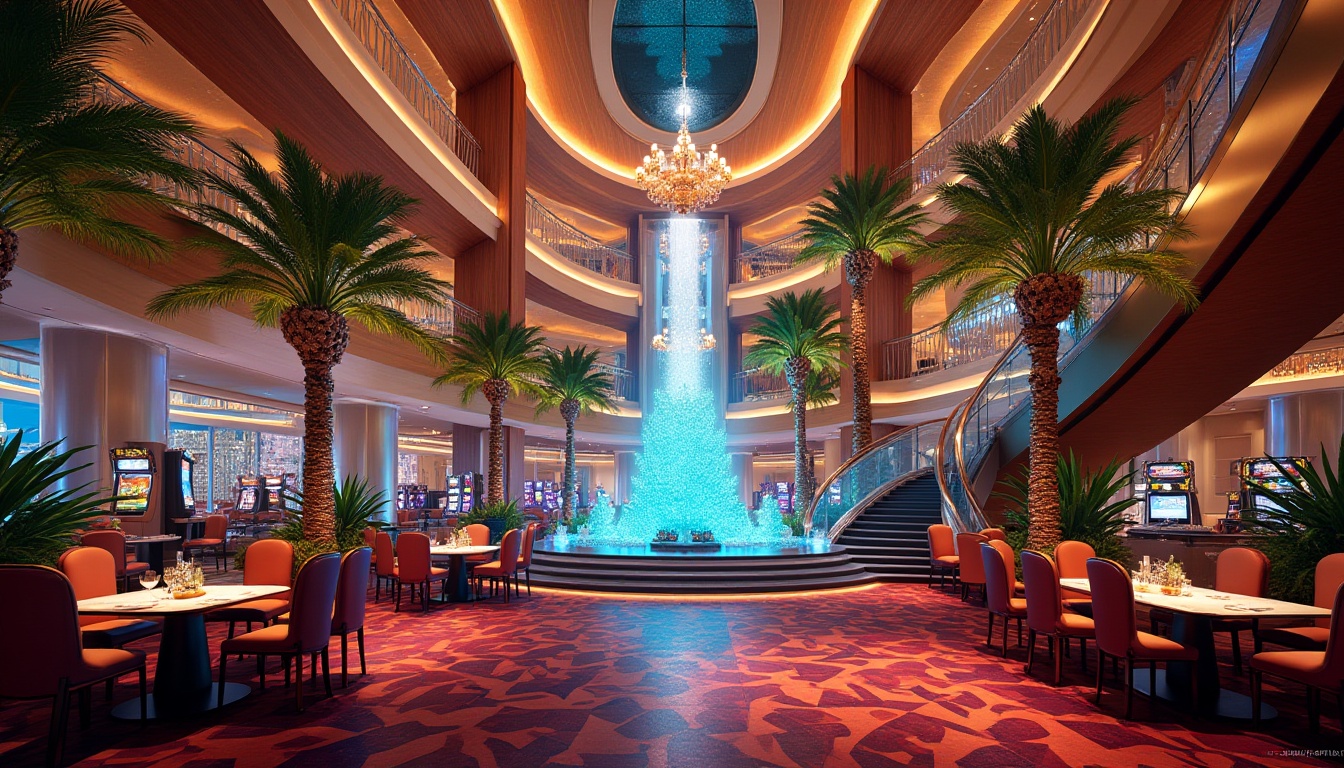 Prompt: Vibrant casino entrance, lush tropical plants, sparkling water features, grand staircase, lavish chandeliers, opulent furnishings, rich wood accents, bold colorful patterns, dynamic LED lighting, sweeping curved lines, futuristic architectural design, sleek metallic materials, iridescent glass surfaces, luxurious VIP lounges, high-stakes gaming areas, glamorous bars, sophisticated restaurants, panoramic views, shallow depth of field, 3/4 composition, realistic textures, ambient occlusion.