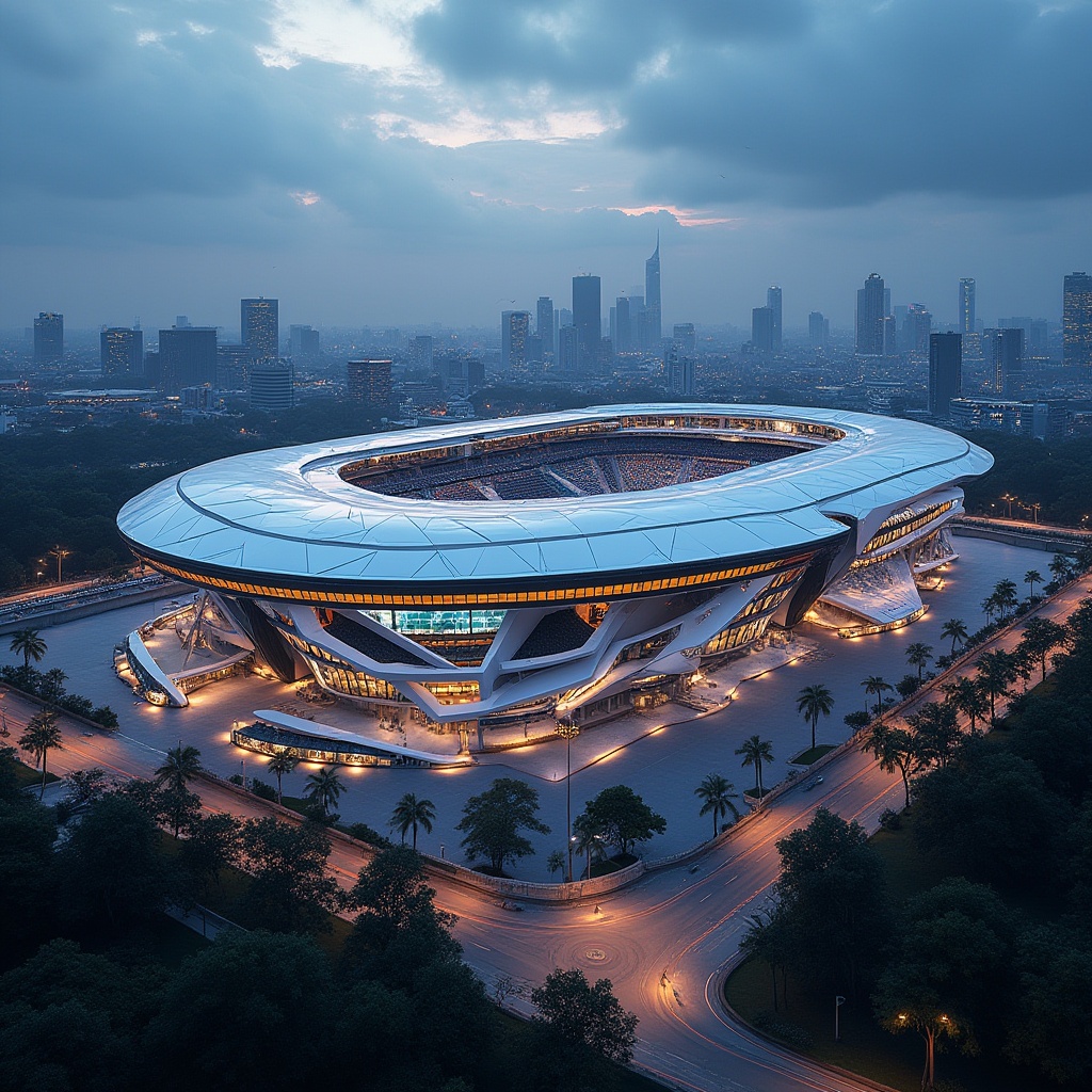 Prompt: Futuristic soccer stadium, dynamic curvaceous fa\u00e7ade, LED lighting displays, sleek metallic surfaces, angular lines, minimalist design, cantilevered roofs, transparent glass walls, open-air concourses, vibrant team color schemes, stadium seating, floodlighting systems, misting systems, urban landscape, evening atmosphere, shallow depth of field, 1/2 composition, realistic textures, ambient occlusion.