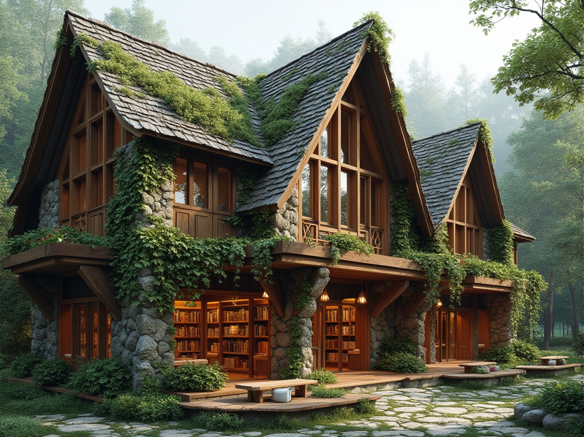 Prompt: Rustic library building, steeply pitched roof, wooden shingles, green roofing, living walls, verdant vegetation, natural stone fa\u00e7ade, large overhanging eaves, wooden trusses, exposed beams, warm lighting, cozy reading nooks, minimalist interior design, earthy color palette, sustainable materials, eco-friendly systems, rainwater harvesting, solar panels, clerestory windows, soft indirect lighting, 1/2 composition, realistic textures, ambient occlusion.