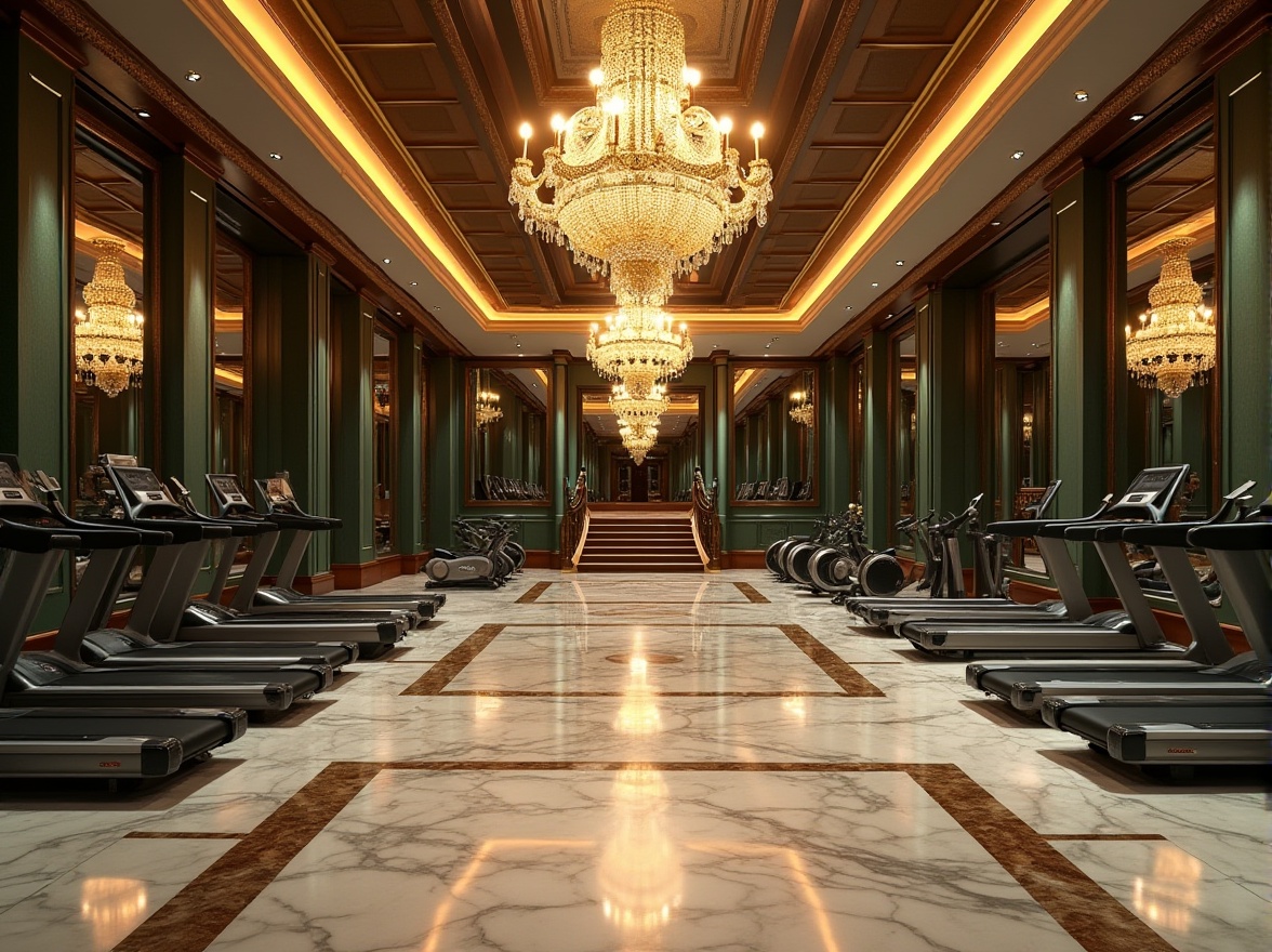 Prompt: Luxurious fitness club interior, ornate chandeliers, polished marble floors, lavish green walls, sleek modern equipment, mirrored ceilings, grand staircase, opulent furnishings, rich wood accents, ambient lighting, warm color palette, high-contrast textures, 1/1 composition, shallow depth of field, realistic reflections.