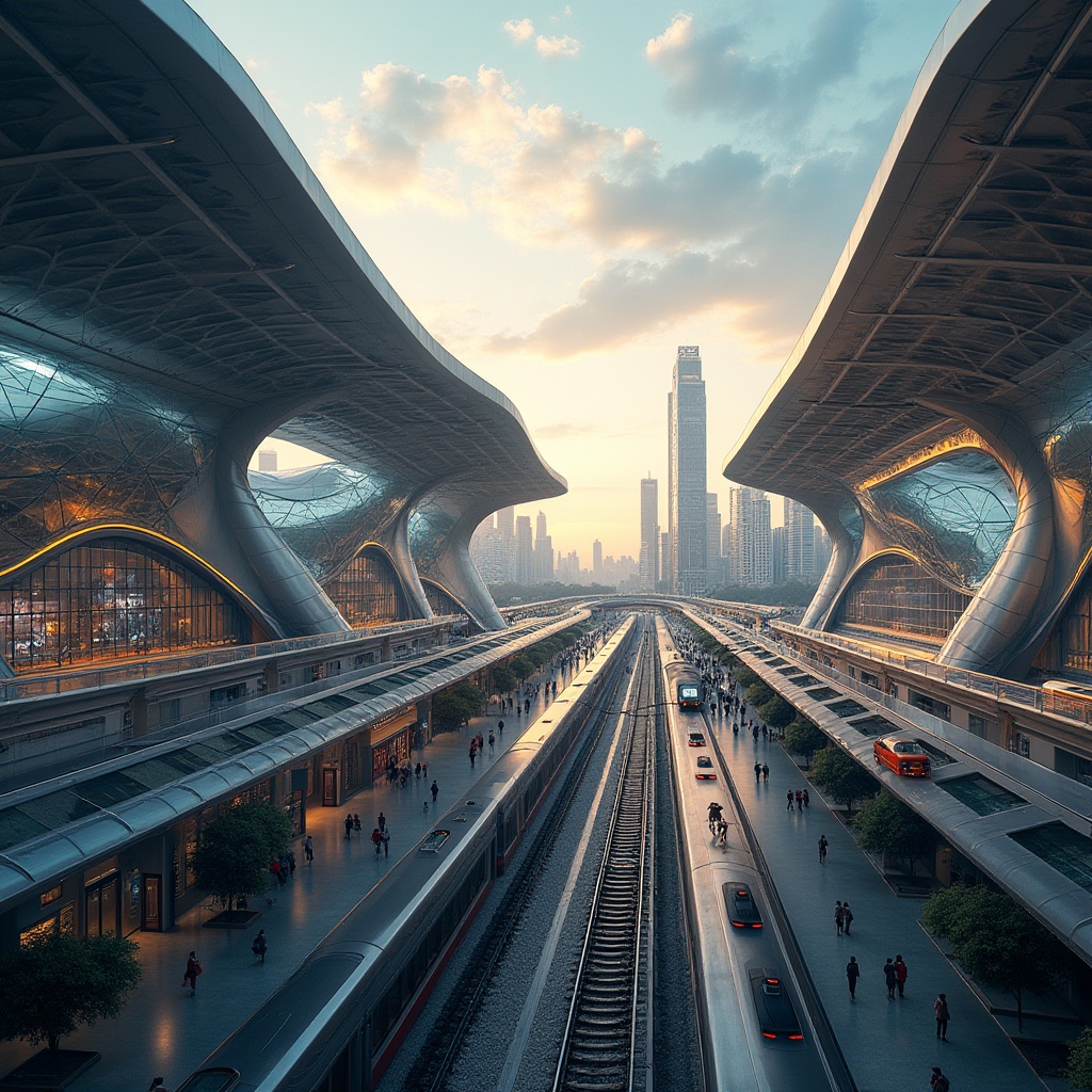 Prompt: Futuristic train station, undulating metallic fa\u00e7ade, kinetic LED lights, sleek glass canopies, cantilevered roofs, modern angular architecture, vibrant urban landscape, bustling city streets, morning rush hour, soft warm lighting, shallow depth of field, 3/4 composition, panoramic view, realistic reflections, ambient occlusion, industrial materials, stainless steel accents, dynamic signage systems, integrated public art installations.