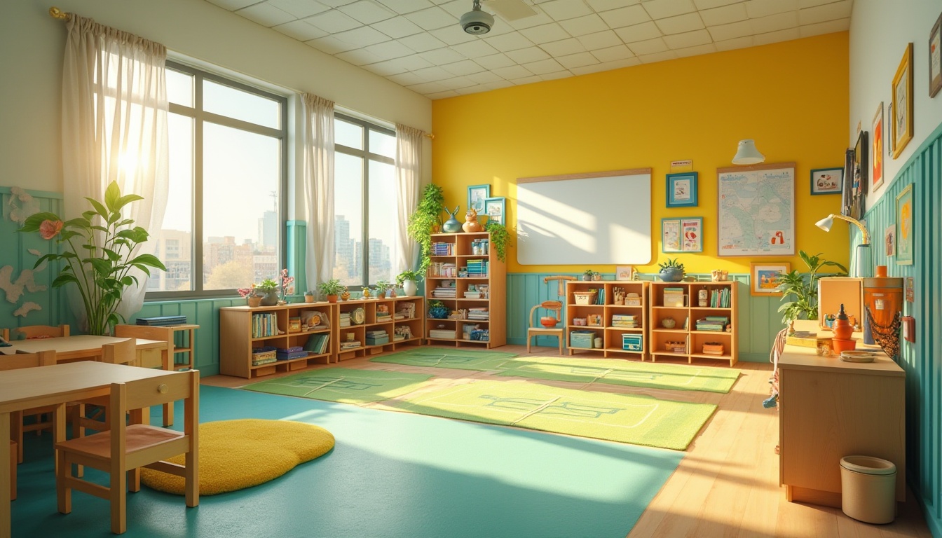 Prompt: Vibrant kindergarten, bright playful colors, yellow walls, blue accents, green carpets, wooden furniture, educational posters, interactive displays, cozy reading nooks, modern minimalistic design, natural light pouring in, soft warm lighting, shallow depth of field, 3/4 composition, panoramic view, realistic textures, ambient occlusion.