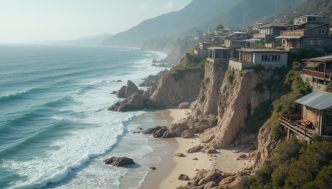 Prompt: Wavy coastline, rugged cliffs, sandy beaches, oceanfront promenade, sturdy seawalls, wind-resistant architecture, reinforced concrete structures, corrugated metal roofs, weathered wood accents, salt-tolerant vegetation, driftwood decorations, nautical-themed furnishings, ocean-inspired color palette, soft natural lighting, misty atmospheric effects, 1/2 composition, dramatic low-angle shot, realistic water simulations, subtle depth of field.