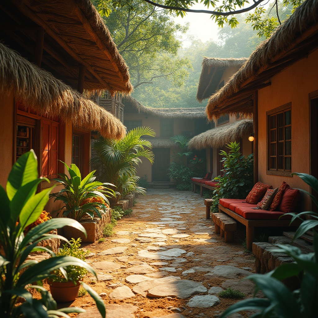 Prompt: Vibrant cultural heritage, traditional Mayan architecture, rustic wooden structures, woven textile patterns, earthy color palette, natural fiber materials, handcrafted details, artisanal craftsmanship, sustainable design solutions, eco-friendly building practices, tropical rainforest surroundings, lush green foliage, warm golden lighting, shallow depth of field, 1/1 composition, realistic textures, ambient occlusion.