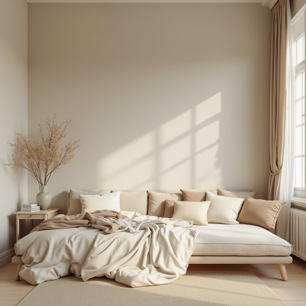 Prompt: Gainsboro-inspired design, soft neutral tones, warm beige colors, creamy whites, gentle grays, earthy brown accents, natural textures, organic shapes, minimal ornamentation, clean lines, modern simplicity, Scandinavian influences, cozy ambiance, warm lighting, shallow depth of field, 1/1 composition, realistic renderings, ambient occlusion.