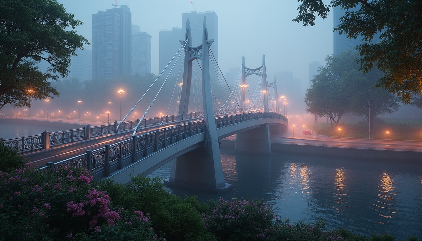 Prompt: Elegant vehicular bridge, sleek modern design, silver metallic structure, suspended roadway, sturdy pillars, ornate railings, urban cityscape, misty morning atmosphere, soft warm lighting, shallow depth of field, 1/1 composition, realistic textures, ambient occlusion, subtle fog effects, gentle water flow, lush greenery, blooming flowers, vibrant streetlights, dramatic night view.