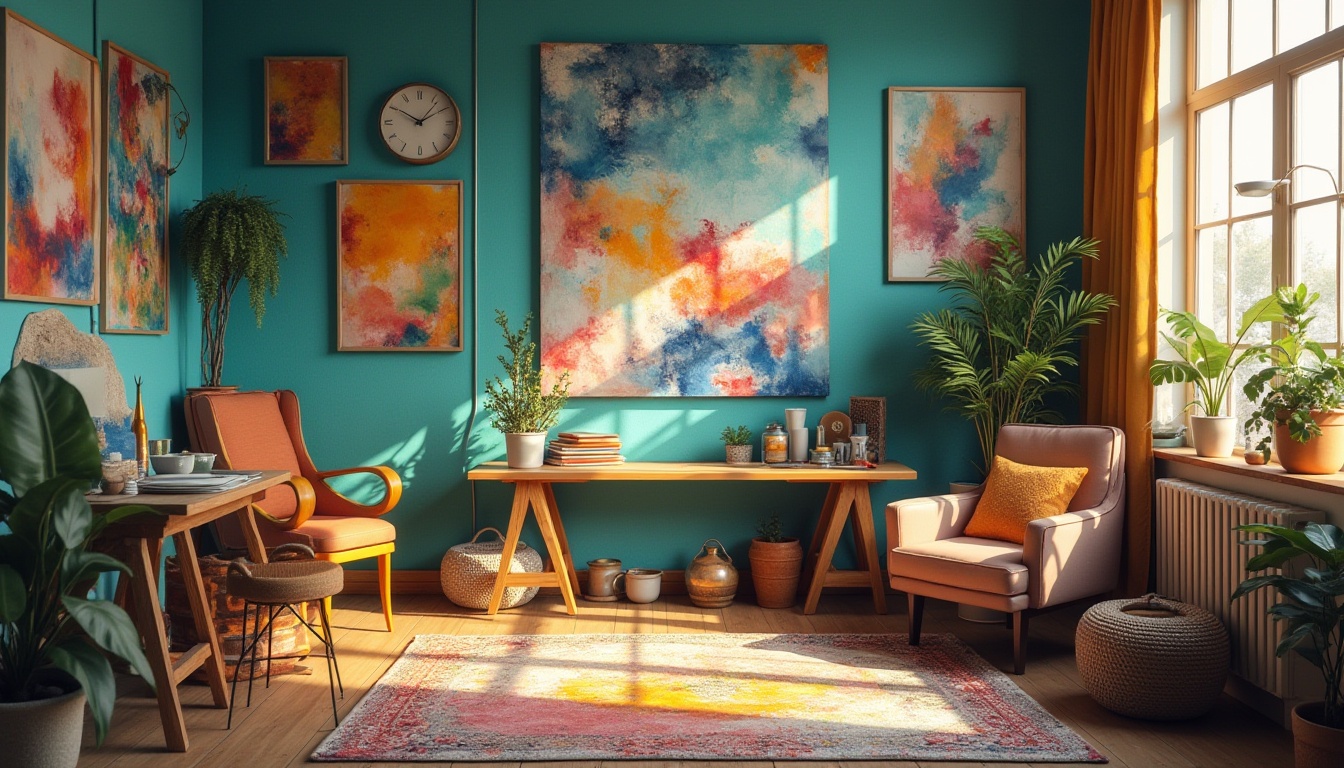 Prompt: Vibrant art studio, eclectic color scheme, bold brushstrokes, textured canvas, expressive paintings, modern abstract art, rich turquoise walls, warm golden lighting, sleek wooden floors, contemporary furniture, inspirational quotes, creative freedom, atmospheric misty morning, soft focus, 1/2 composition, pastel colors, watercolor textures, subtle gradient effects.