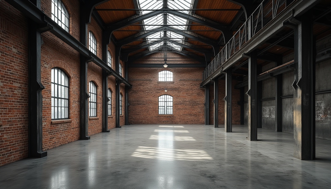 Prompt: Industrial warehouse, exposed brick walls, metal beams, reclaimed wood accents, polished concrete floors, minimalist decor, functional lighting, brutalist architecture, raw unfinished textures, monochromatic color scheme, dramatic shadows, high ceilings, open spaces, natural ventilation systems, eco-friendly materials, recycled industrial elements, distressed metal surfaces, urban landscape views, cloudy overcast skies, soft diffused light, shallow depth of field, 1/1 composition, realistic rendering.