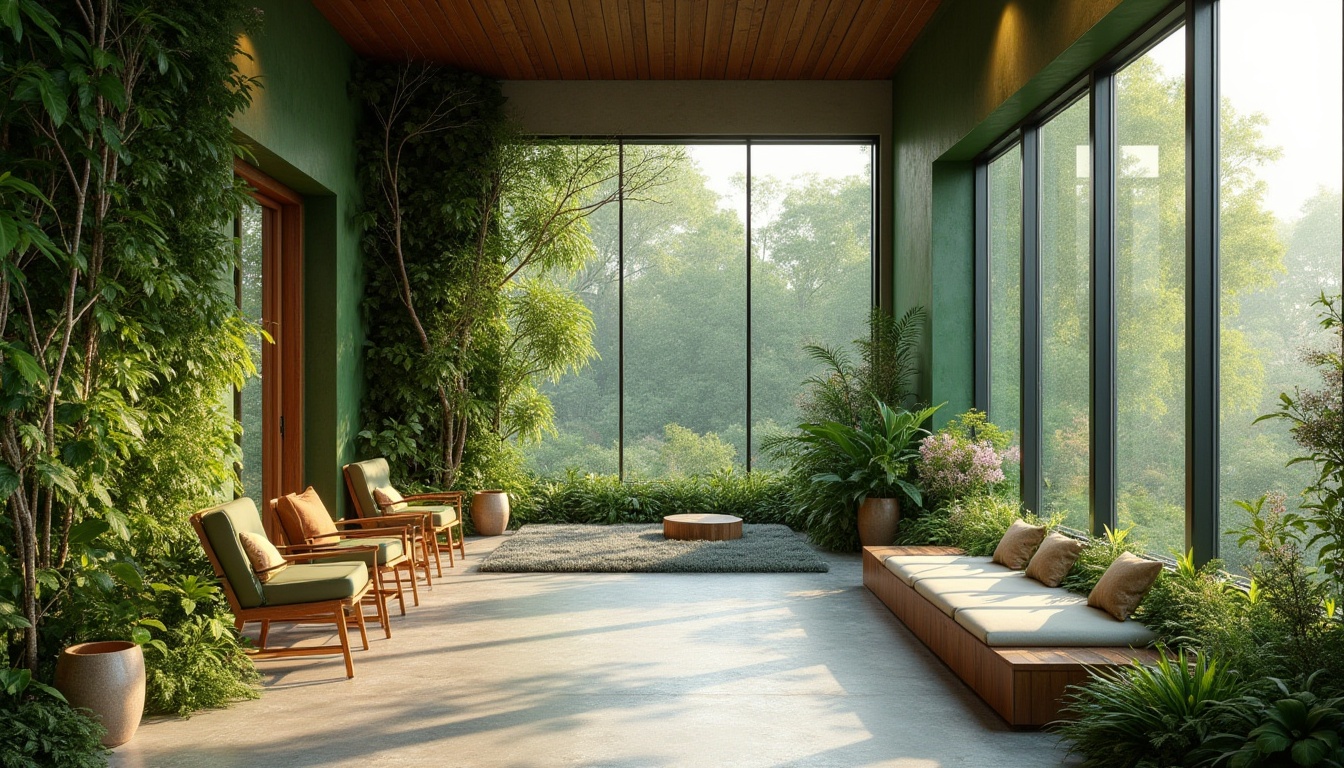 Prompt: Vibrant green walls, natural stone flooring, wooden accents, modern minimalist furniture, floor-to-ceiling windows, panoramic views of surrounding landscape, lush greenery, blooming flowers, rustic outdoor seating areas, warm soft lighting, 3/4 composition, realistic textures, ambient occlusion, serene atmosphere, organic shapes, earthy color palette, natural materials, living walls, vertical gardens, eco-friendly design elements.