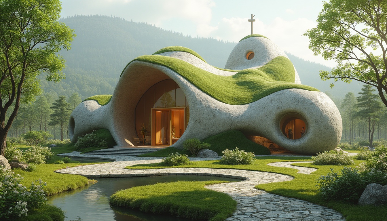 Prompt: Organic blob-shaped church, undulating walls, natural stone exteriors, verdant roofs, rainwater harvesting systems, solar panels, wind turbines, recycled materials, minimal carbon footprint, earthy color palette, curved lines, irregular shapes, stained glass windows, diffused soft lighting, peaceful ambiance, serene atmosphere, lush green surroundings, blooming flowers, trickling water features, shallow depth of field, 3/4 composition, realistic textures, ambient occlusion.