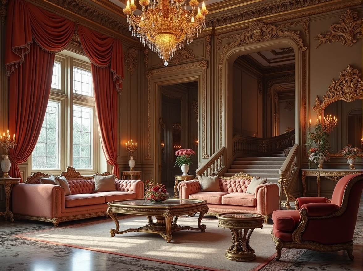 Prompt: Luxurious living room, ornate furnishings, velvet drapes, gilded frames, crystal chandeliers, marble floors, intricate carvings, lavish textiles, rich jewel tones, opulent fabrics, grandiose mirrors, dramatic archways, sweeping staircases, majestic columns, lavish moldings, subtle warm lighting, soft focus, 1/2 composition, atmospheric perspective, realistic reflections.