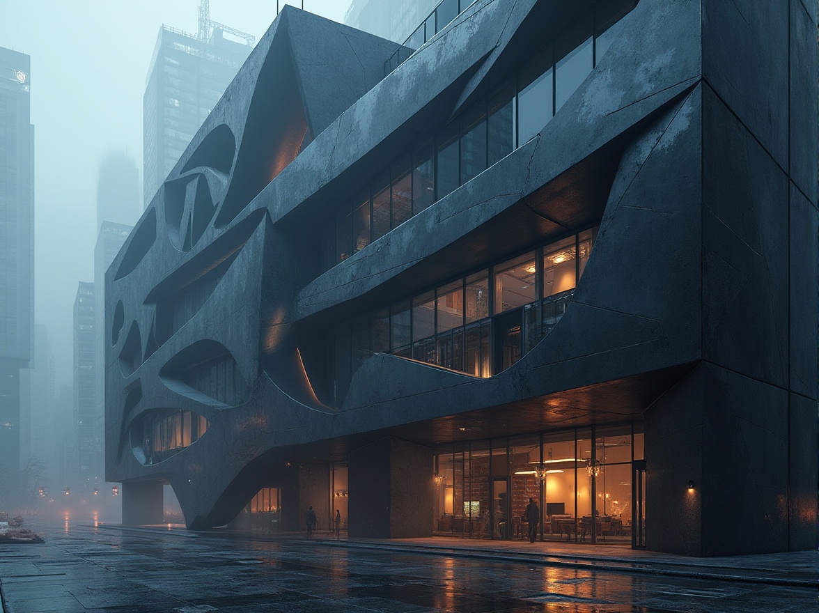 Prompt: Dark gray metal facade, futuristic architecture, sleek angular lines, minimalist design, high-tech materials, LED lighting systems, dynamic patterns, geometric shapes, urban cityscape, evening atmosphere, misty foggy weather, low-key ambient lighting, shallow depth of field, 1/1 composition, realistic textures, ambient occlusion.