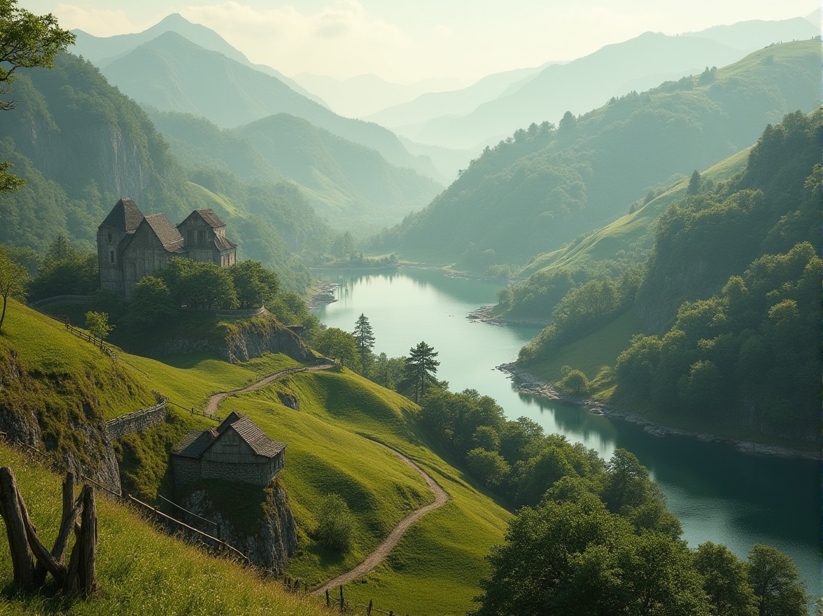 Prompt: Sweeping hills, rolling meadows, serene lakeside, lush vegetation, majestic trees, winding pathways, rustic stone walls, weathered wooden fences, natural rock formations, subtle terrain transitions, realistic water effects, misty atmosphere, warm soft lighting, 3/4 composition, panoramic view, cinematic depth of field, ambient occlusion.