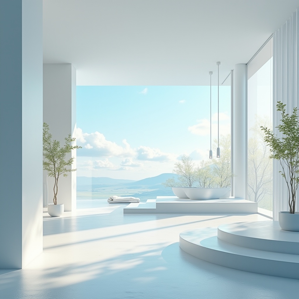 Prompt: Calm atmosphere, light blue accents, soft pastel hues, creamy whites, sleek metallic surfaces, minimalist modern architecture, spacious open floors, floor-to-ceiling windows, abundant natural light, warm sunny days, gentle cloud formations, serene landscape views, subtle gradient effects, 3D modeling, realistic rendering, ambient occlusion, shallow depth of field, panoramic view, photorealistic textures.