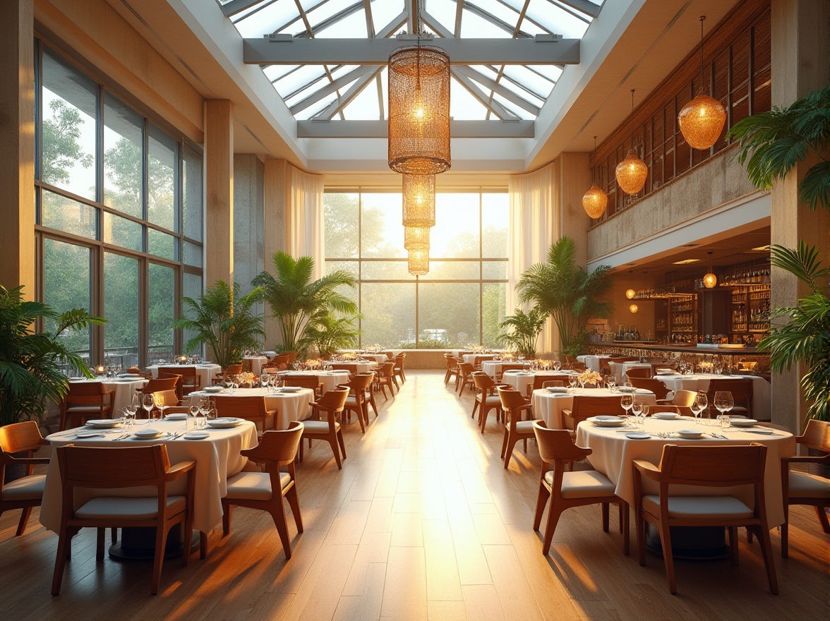 Prompt: Spacious dining hall, high ceilings, large windows, sliding glass doors, transparent roofs, minimal obstructions, reflective surfaces, light-colored walls, polished wooden floors, modern chandeliers, pendant lamps, warm ambient lighting, natural textiles, earthy tones, lush greenery, potted plants, vibrant flowers, sunny day, soft warm glow, shallow depth of field, 3/4 composition, panoramic view, realistic textures, ambient occlusion.